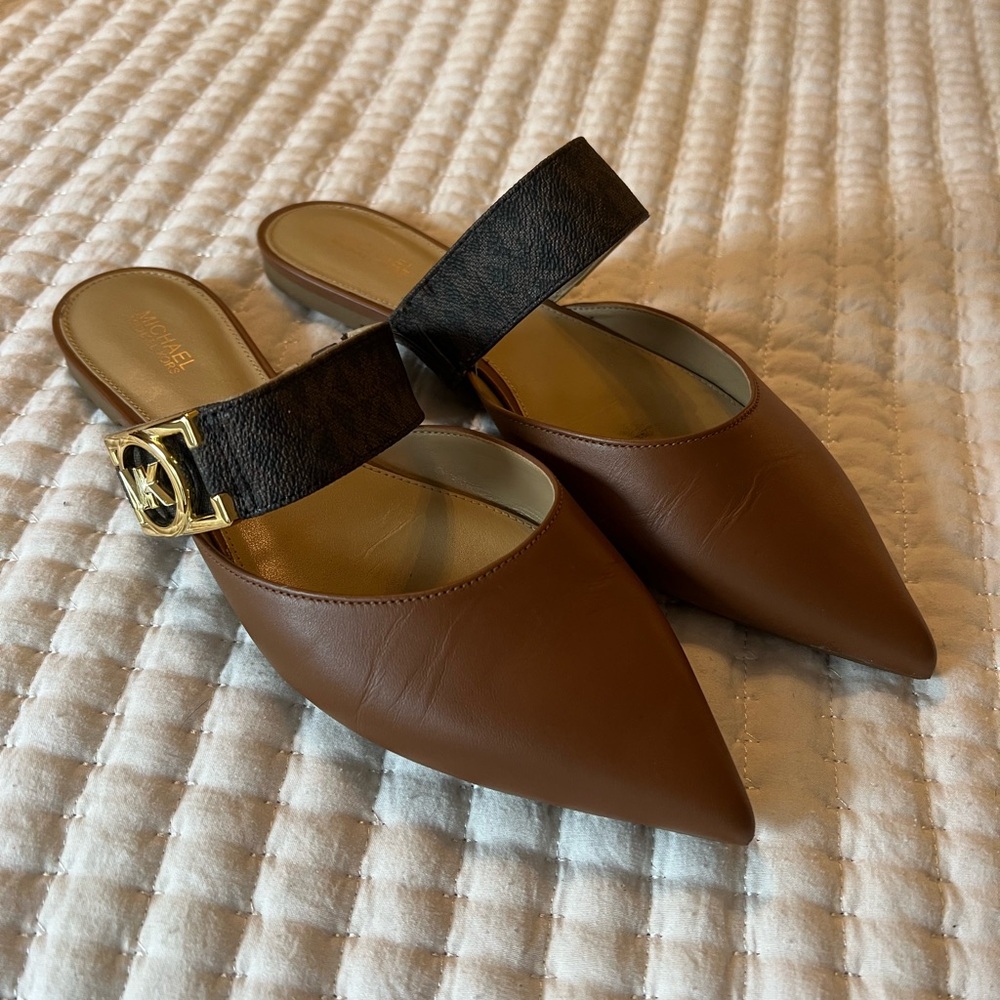 Michael Kors Tan and Black Mules with Gold Buckle